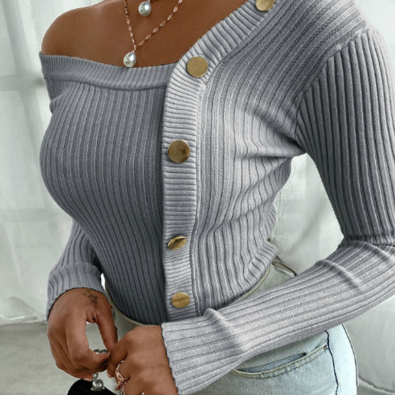 Gray ribbed off-shoulder knitted sweater with gold button placket and long sleeves