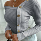 Gray ribbed off-shoulder knitted sweater with gold button placket and long sleeves