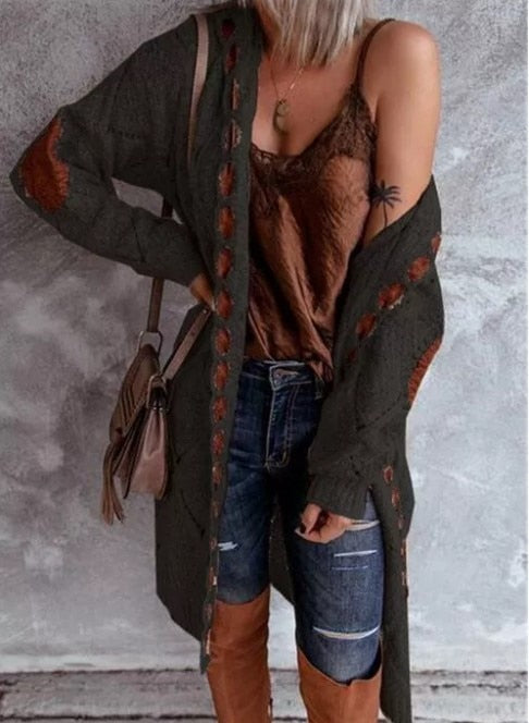 Long hooded open-front knit vest with braided trim, black heather