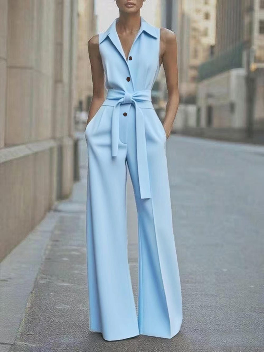 Light blue sleeveless wide-leg jumpsuit with lapel collar, button front, waist tie belt