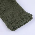 Olive green teddy fleece outerwear, open front with plush sherpa texture