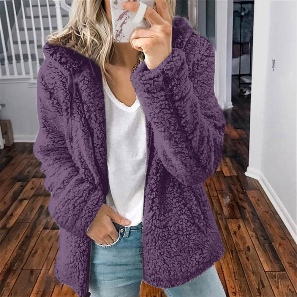Purple hooded teddy fleece vest with long sleeves and front drape