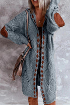 Long hooded knit cardigan with cutout trim, slate blue knit with hood and tassel sleeves