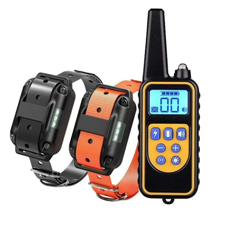 Electric dog training collar set with black remote and orange receiver collar with black housing