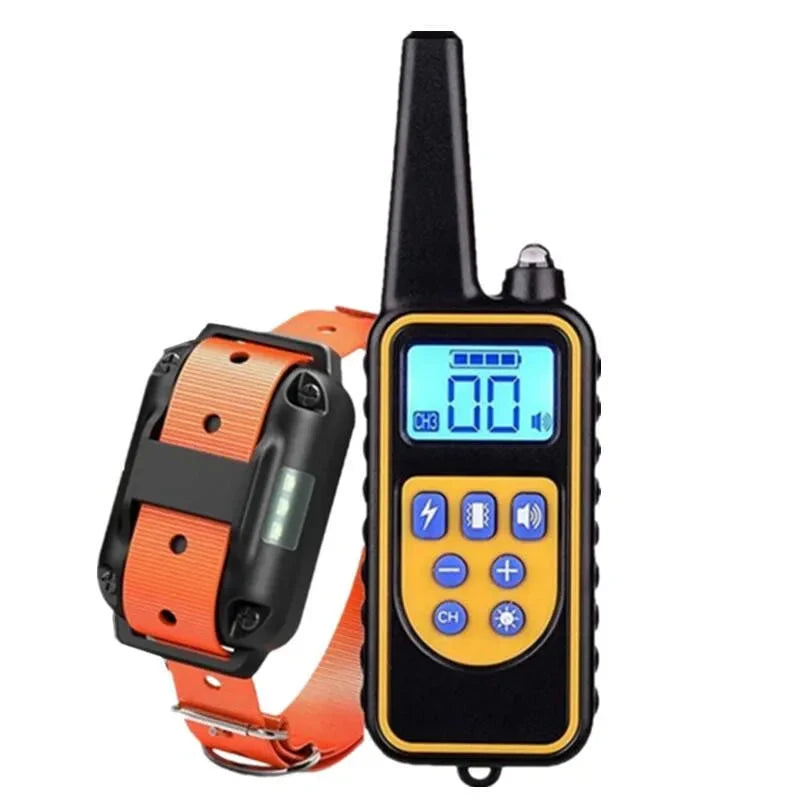 Electric dog training collar set with black remote and orange receiver collar with silver probes