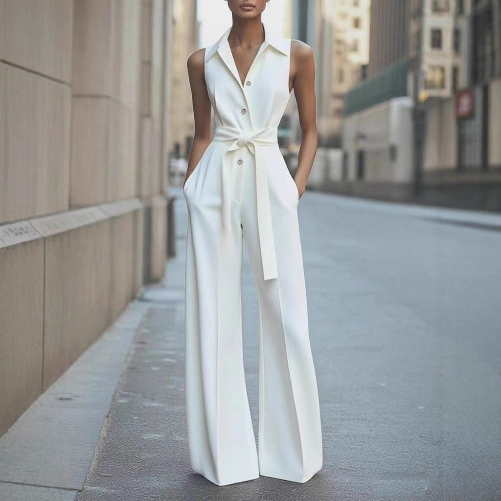 White sleeveless wide-leg jumpsuit with lapel collar, button front, waist tie belt