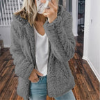 Gray teddy fleece outerwear, open front with plush sherpa texture