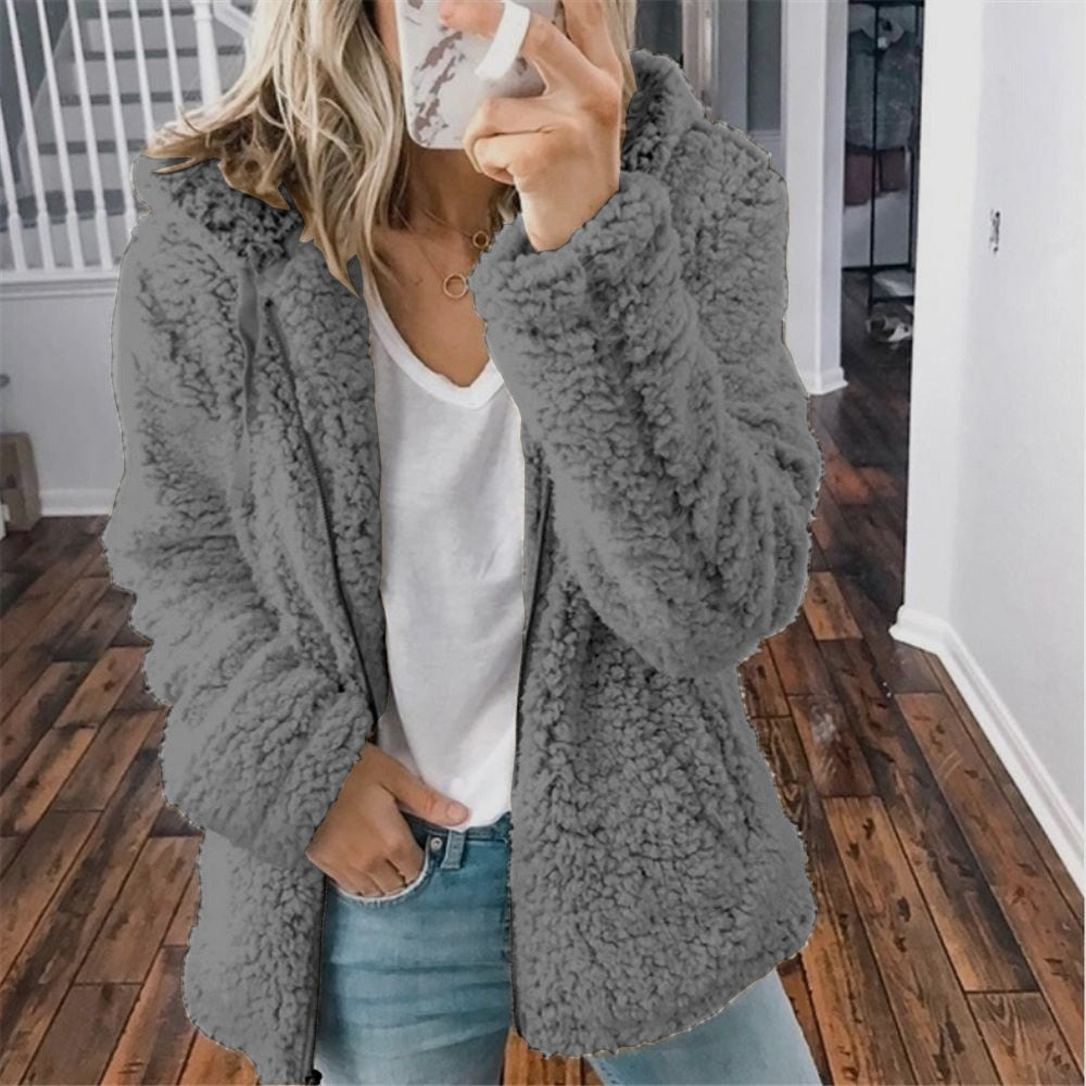 Gray teddy fleece outerwear, open front with plush sherpa texture