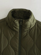 Olive green bodywarmer stand collar with center front zip closure