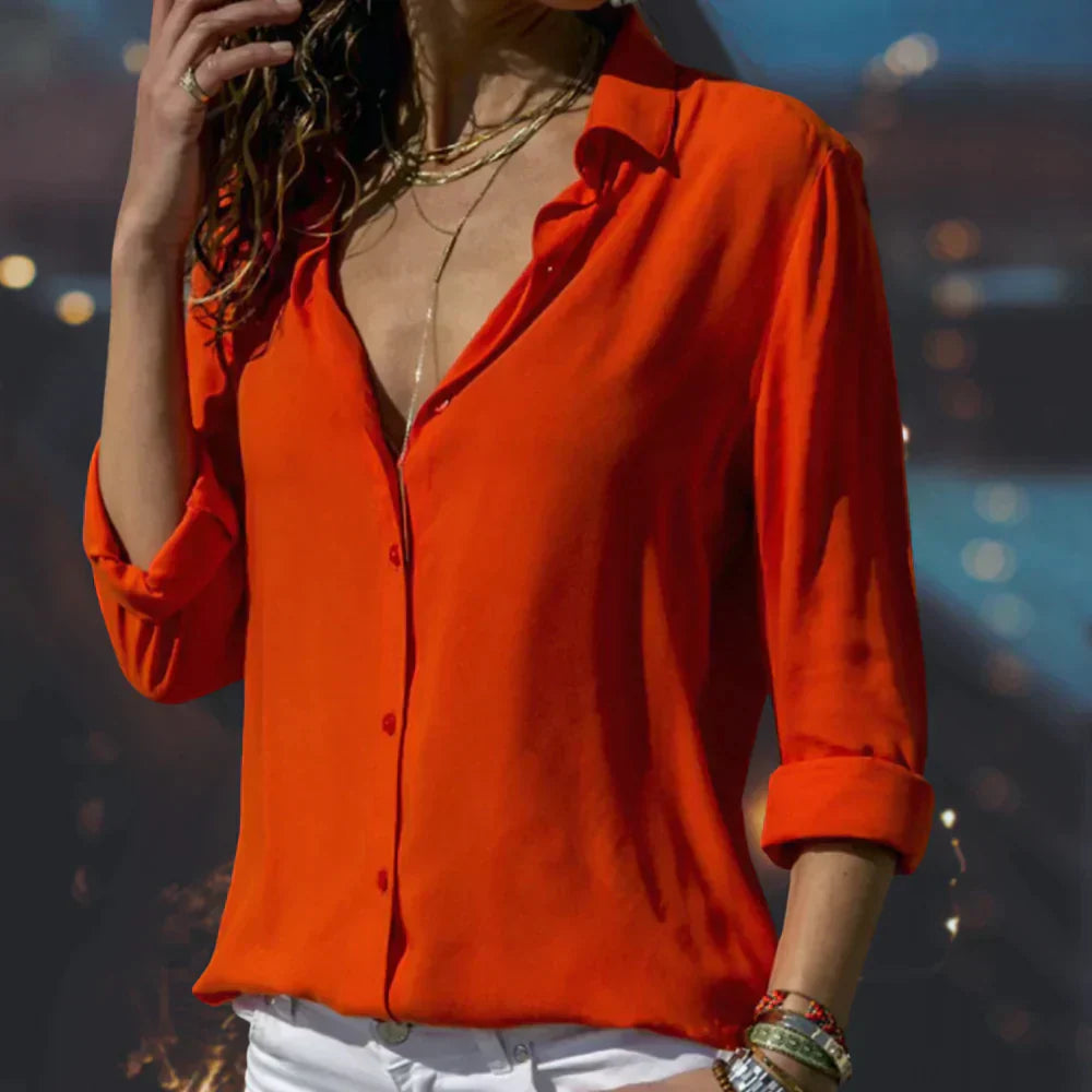 Women’s button-up blouse, orange, collared V-neck, front buttons, 3/4 sleeves