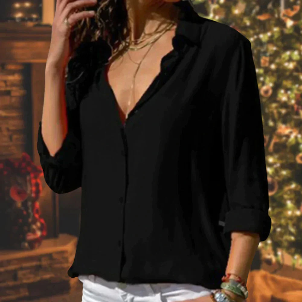 Women’s button-up blouse, black, collared V-neck, front buttons, 3/4 sleeves