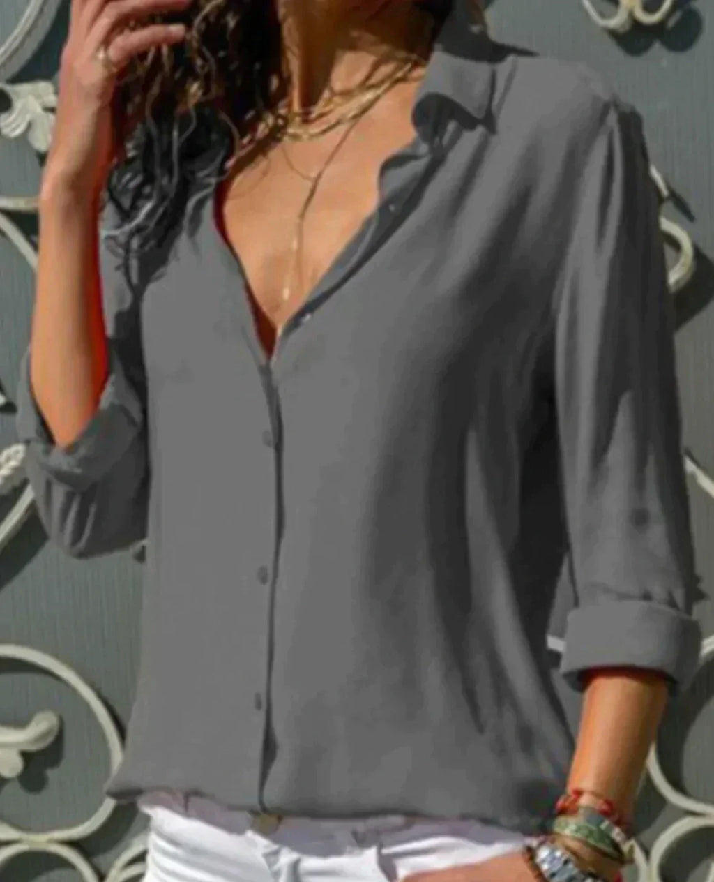 Women’s button-up blouse, grey, collared V-neck, front buttons, 3/4 sleeves