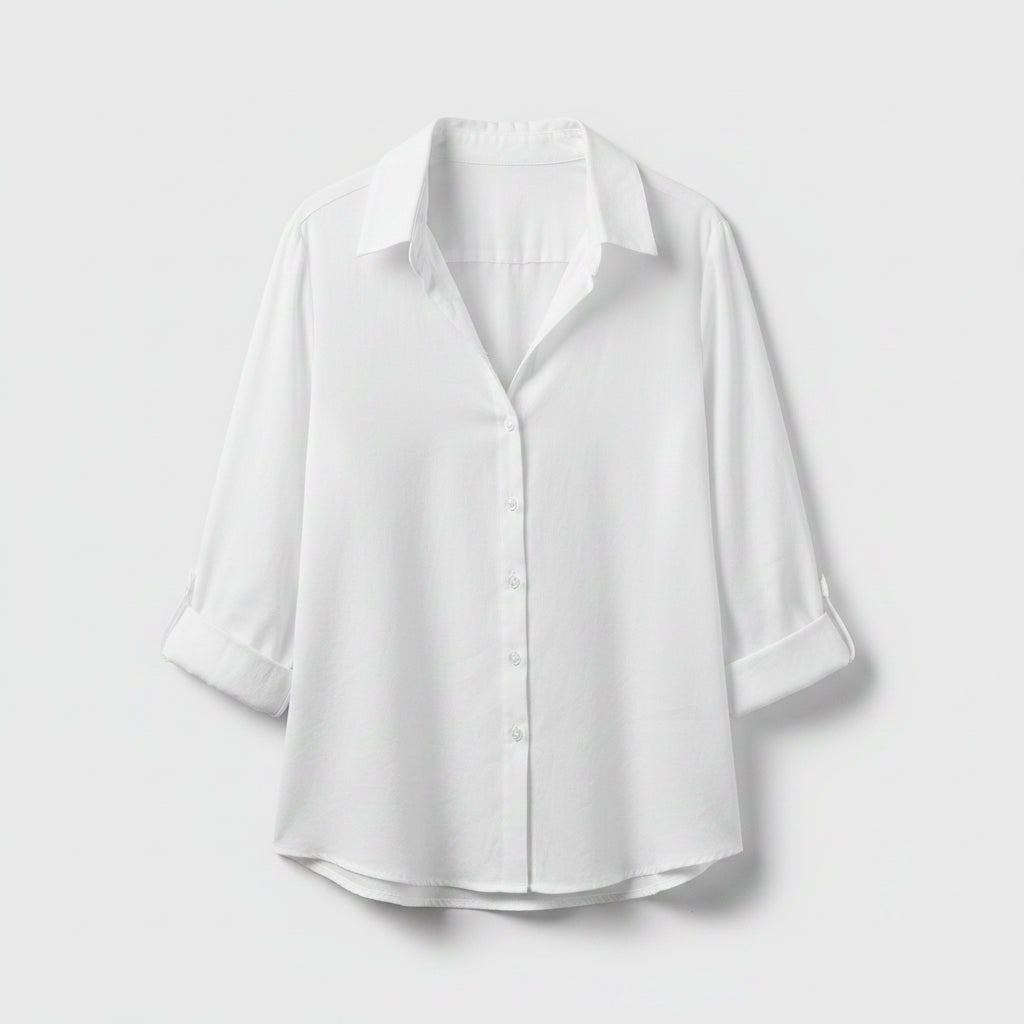 Women’s button-up blouse, white, collared V-neck, front buttons, 3/4 sleeves