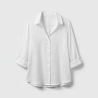 Women’s button-up blouse, white, collared V-neck, front buttons, 3/4 sleeves