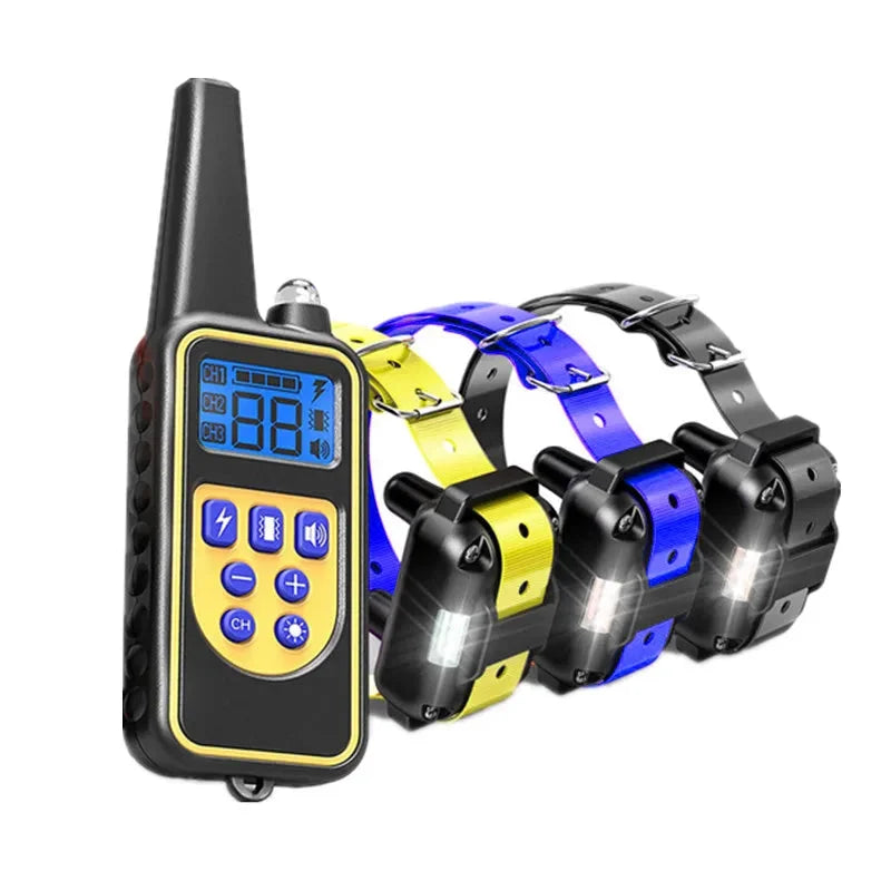 Electric dog training collar set with black remote and yellow, blue, and black receiver collars