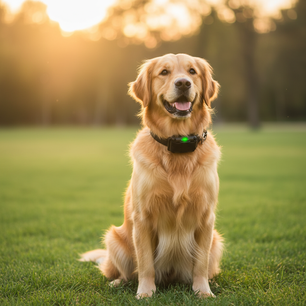 Golden retriever wearing electric anti-bark training collar with glowing green LED.
