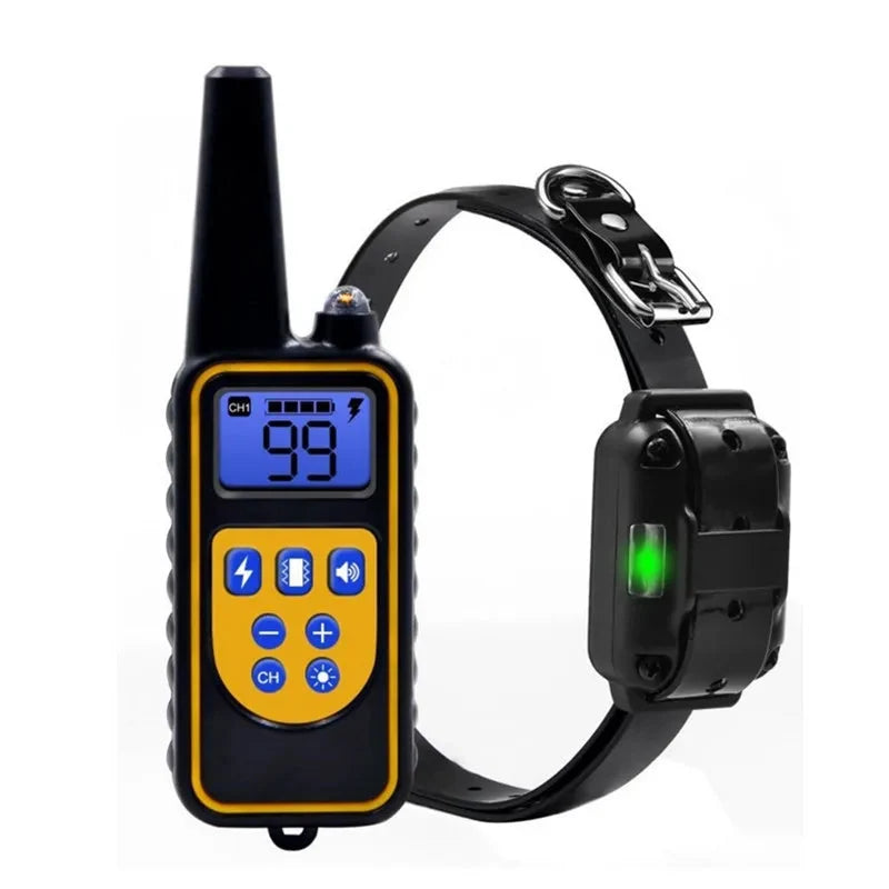 Electric dog training collar set with black remote and black adjustable training collar, green LED