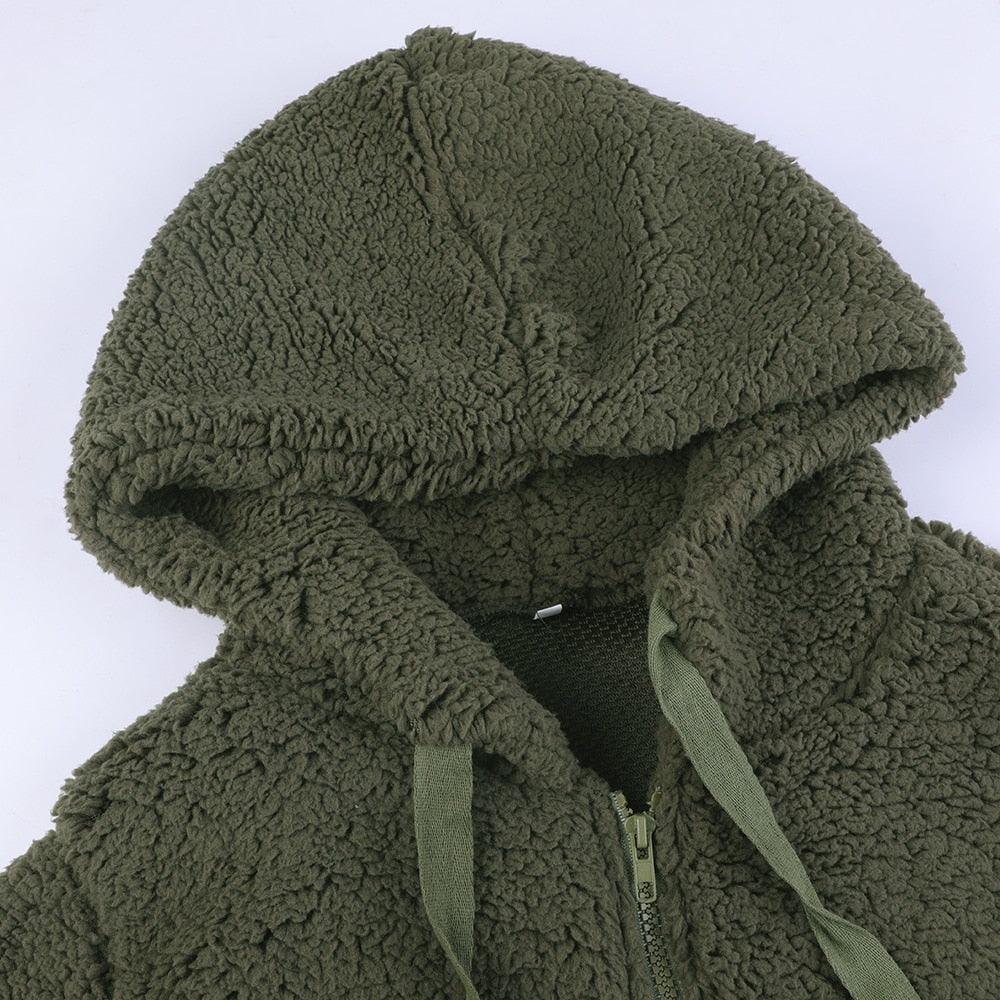 Olive green hooded teddy vest with front pocket and textured fleece