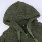 Olive green hooded teddy vest with front pocket and textured fleece
