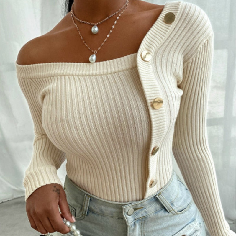 Cream off-shoulder ribbed knit sweater with button front and fitted long sleeves