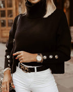 Women's Turtleneck Sweater Silver Button Sleeves | Cozy Fall Fashion