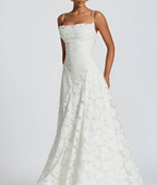White spaghetti-strap maxi dress with textured fabric and fitted ruched bodice