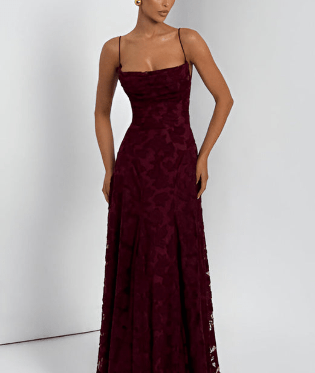 Cherry maroon spaghetti-strap maxi dress with ruched bodice and textured pattern