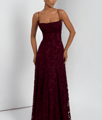 Cherry maroon spaghetti-strap maxi dress with ruched bodice and textured pattern