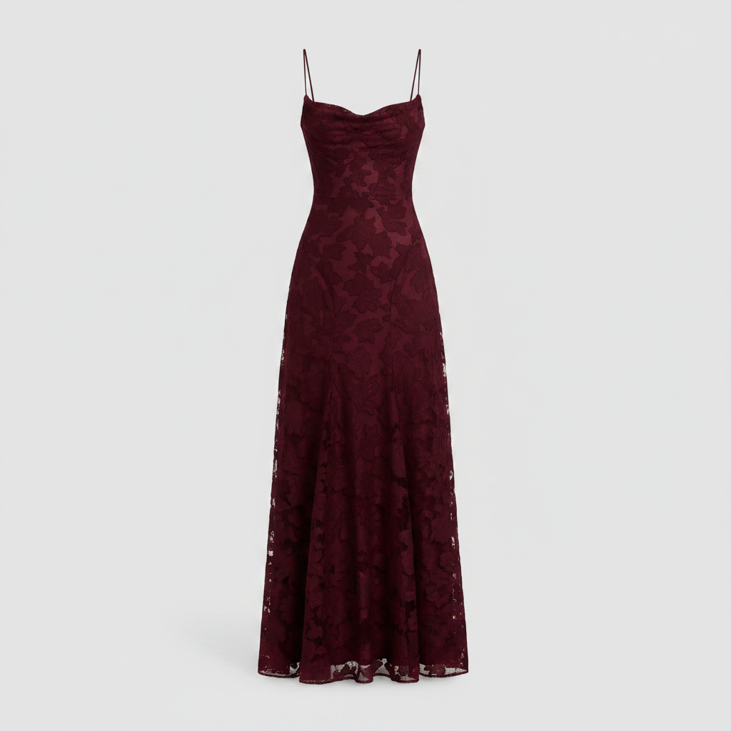 Cherry maroon spaghetti-strap maxi dress with textured floral-like pattern