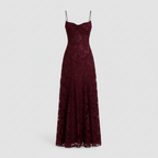 Cherry maroon spaghetti-strap maxi dress with textured floral-like pattern