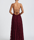 Cherry maroon maxi dress back with crisscross spaghetti straps and tie detail