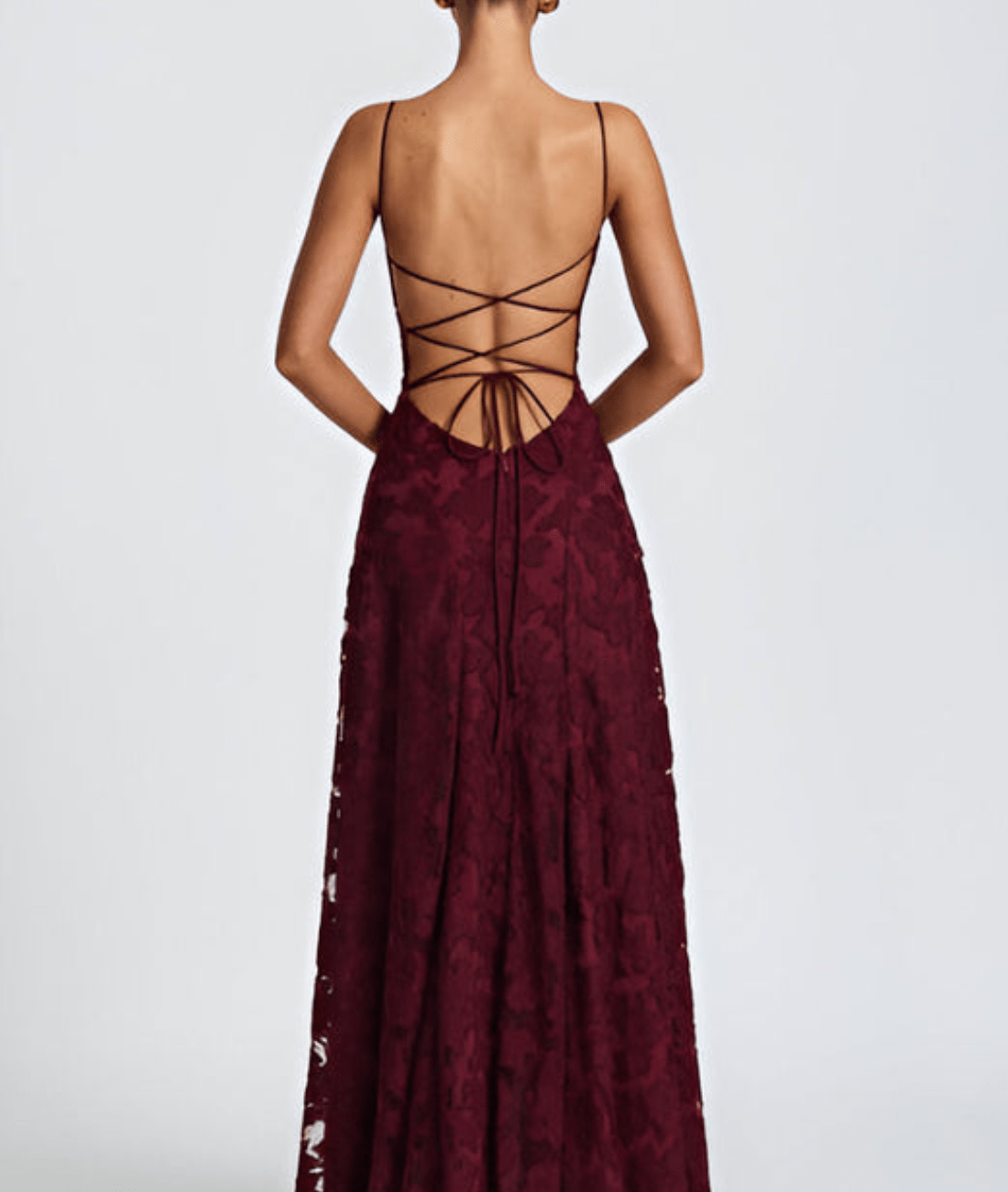 Cherry maroon maxi dress back with crisscross spaghetti straps and tie detail