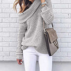 Women’s off-shoulder knitted sweater, gray, long sleeves with chunky woven texture.