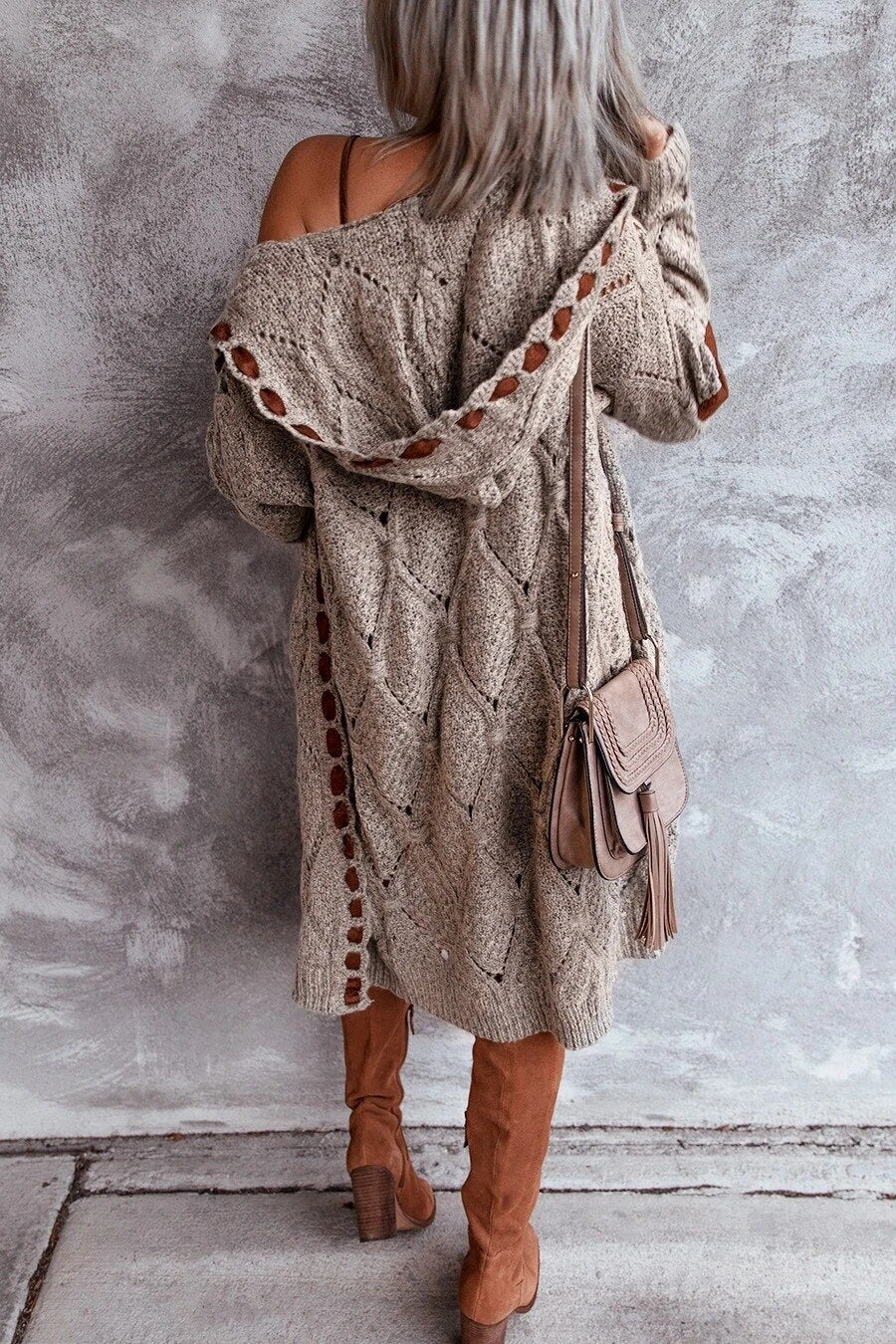 Long hooded knit cardigan with cutout trim, taupe textured knit and open front