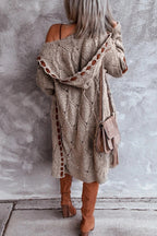 Long hooded knit cardigan with cutout trim, taupe textured knit and open front