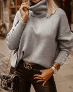 Women's Turtleneck Sweater Silver Button Sleeves | Cozy Fall Fashion