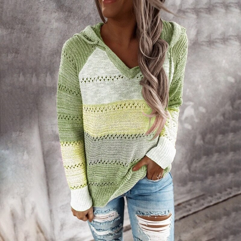 Women's Sweater Patchwork Hooded Knit Loose-Fitting | Lydia Patchwork