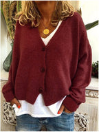 Women’s V-neck button-front cardigan, long sleeves, burgundy fuzzy knit