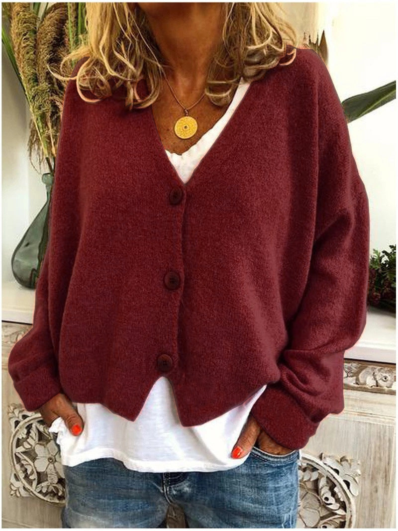 Women’s V-neck button-front cardigan, long sleeves, burgundy fuzzy knit