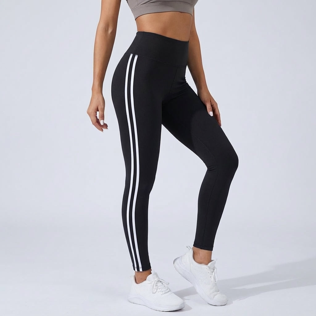 High-waisted black workout leggings with three white side stripe lines.
