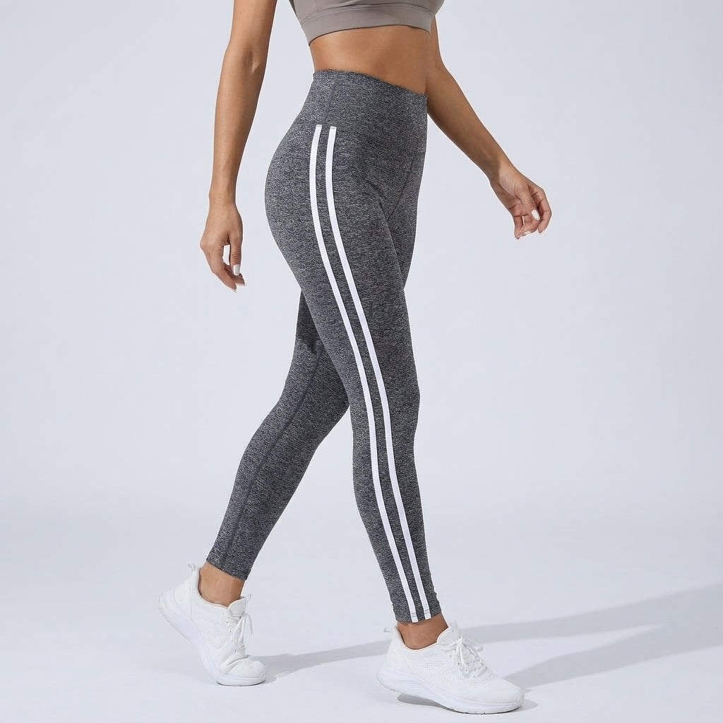 Women's high-waisted dark gray leggings with triple white side stripes