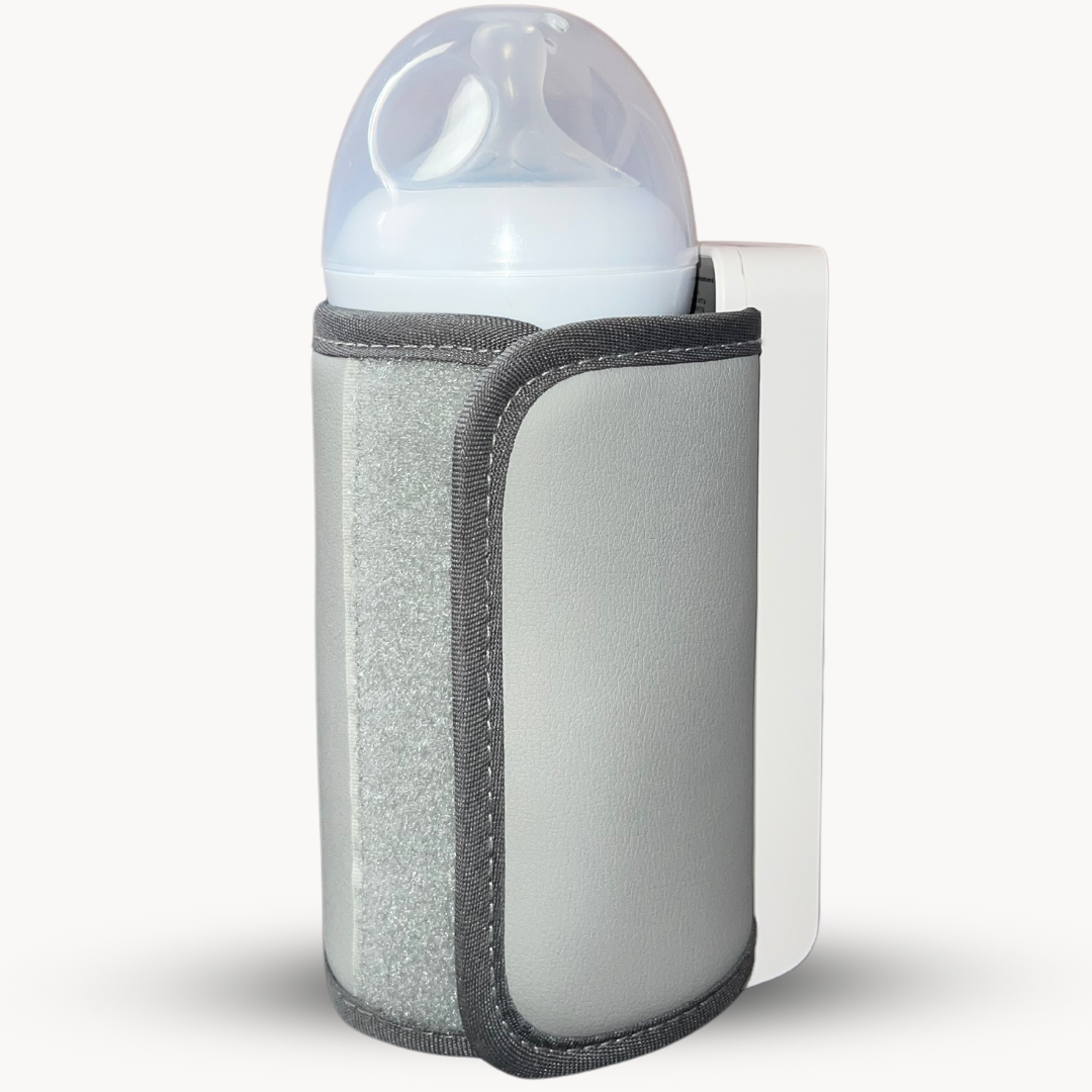 Portable bottle warmer sleeve and bottle holder in white with gray trim
