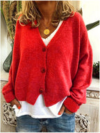 Women’s V-neck button-front cardigan, long sleeves, red fuzzy knit