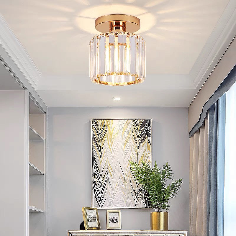 Gold crystal flush mount ceiling lamp with clear crystal shade and round top canopy