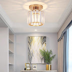 Gold crystal flush mount ceiling lamp with clear crystal shade and round top canopy