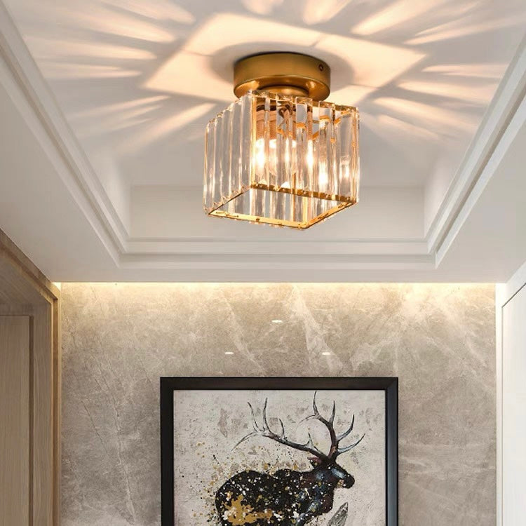 Gold crystal flush mount ceiling lamp with clear crystal shade and square frame