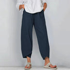 Women's wide-leg cropped pants, navy, elastic waistband with angled hem detail