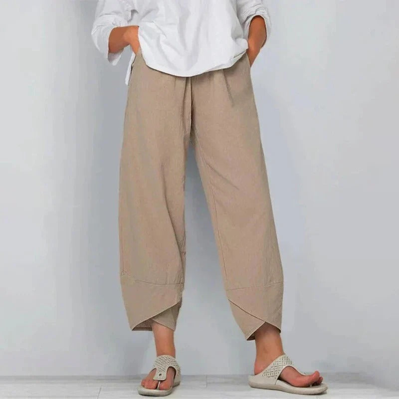 Women's wide-leg cropped pants, khaki, elastic waistband with angled hem detail