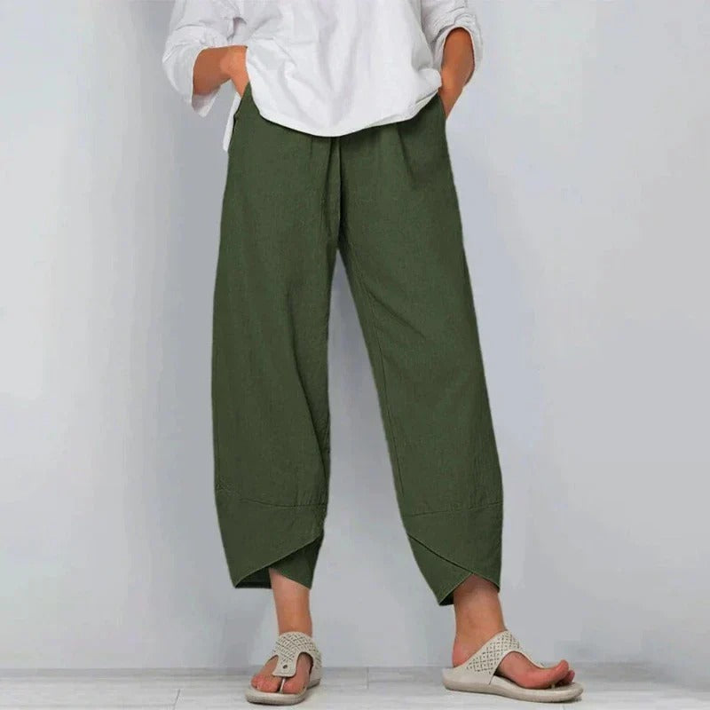 Women's wide-leg cropped pants, green, elastic waistband with angled hem detail
