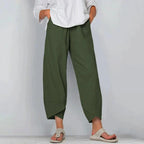 Women's wide-leg cropped pants, green, elastic waistband with angled hem detail